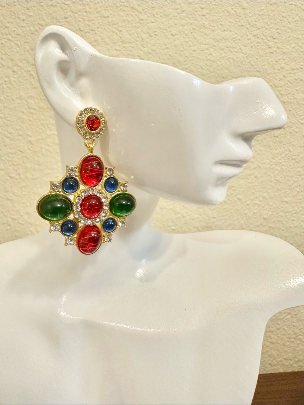 Gold-Plated Multi Colorful Cabochons Statement Drop Earrings - Red, Green & Blue